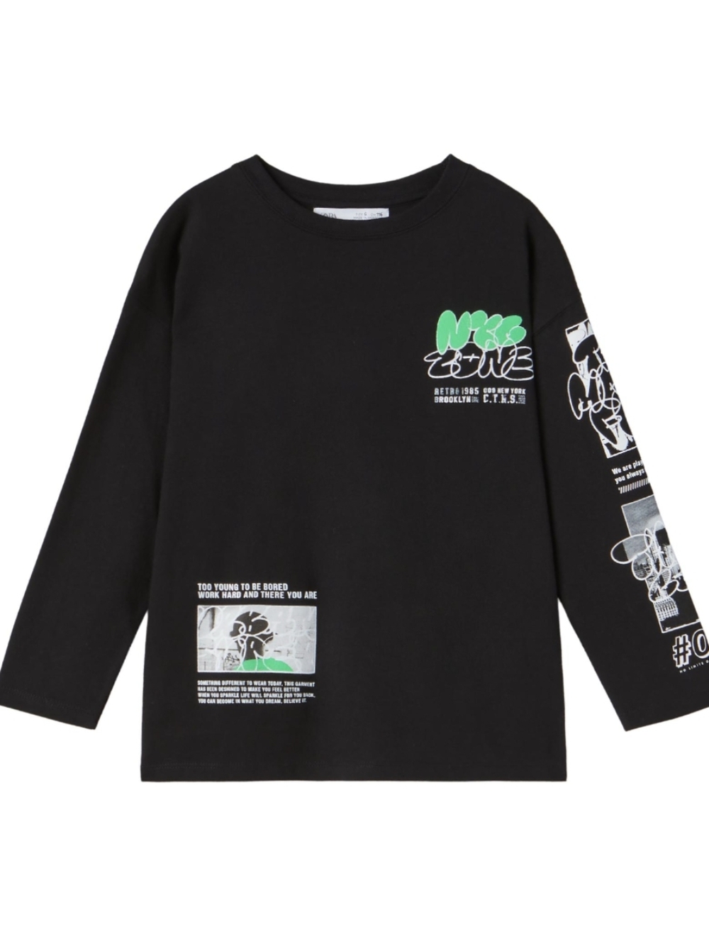 Zara Black Long Sleeve Graphic Tee with Neon Green Accents